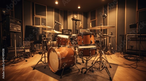 drums set and amplifiers in a music studio