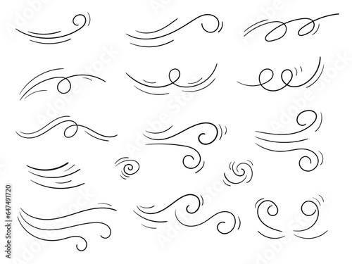 Doodle wind line set. Hand drawn doodle wind motion, air blow motion, swirl elements