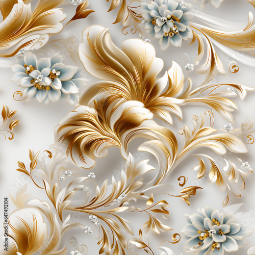 Gold line pattern with flowers on white background. © areeya_ann