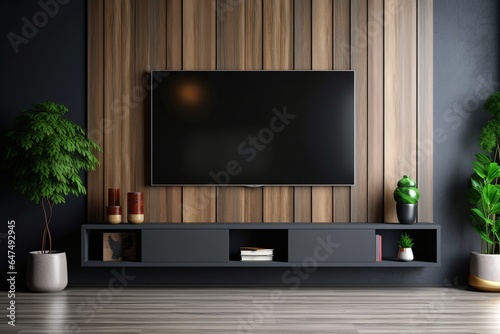 Wooden wall mounted tv in modern living room with decoration on dark wall background, Generative AI 
