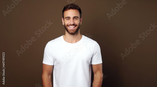 Smile Young Man fit in Frame wearing bella canvas white shirt mockup,  isolated color background