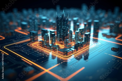 Smart city on circuit board background. Futuristic cyberspace concept. Generative Generative AI