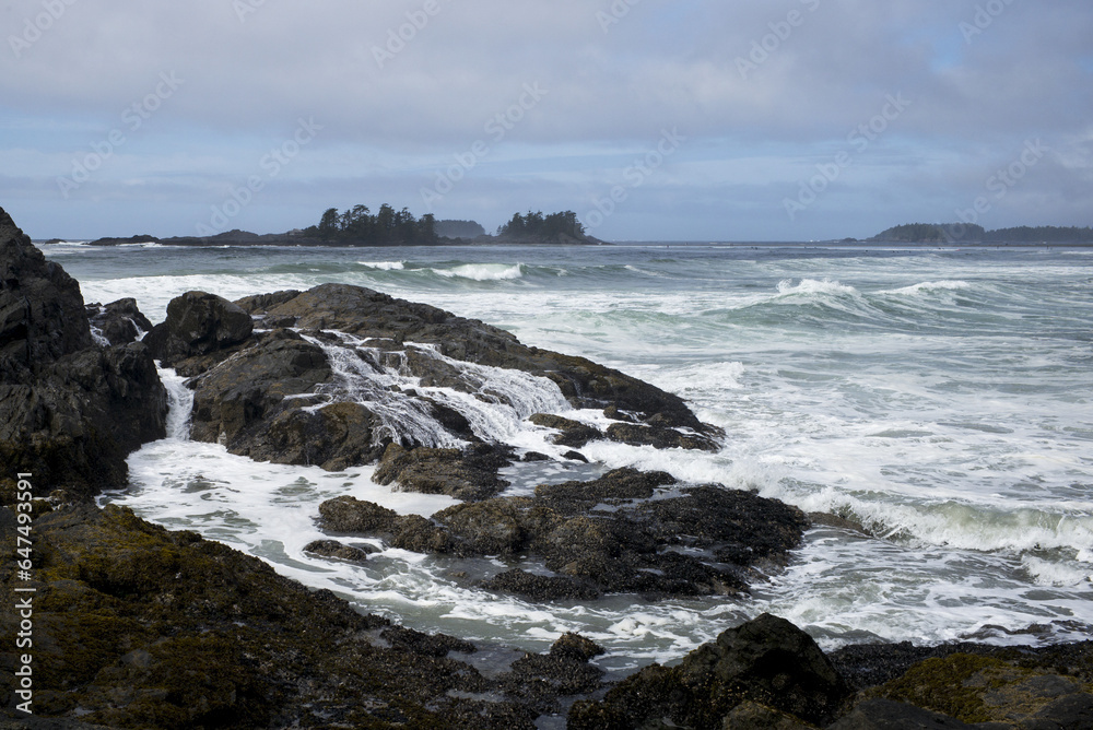 Waves Washing Over Rocks And Waves Along The Coastline Under A Cloudy Sky; Tofino, British Columbia, Canada Waves Washing Over Rocks And Waves Along The Coastline Under A Cloudy Sky; Tofino, British Columbia, Canada