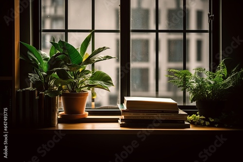 Cozy Reading Nook: Bookshelf by the Window in a Library with Lush Green Plants