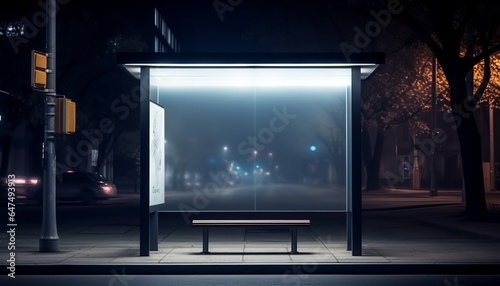 Nighttime Bus Shelter with Traffic Light Illumination