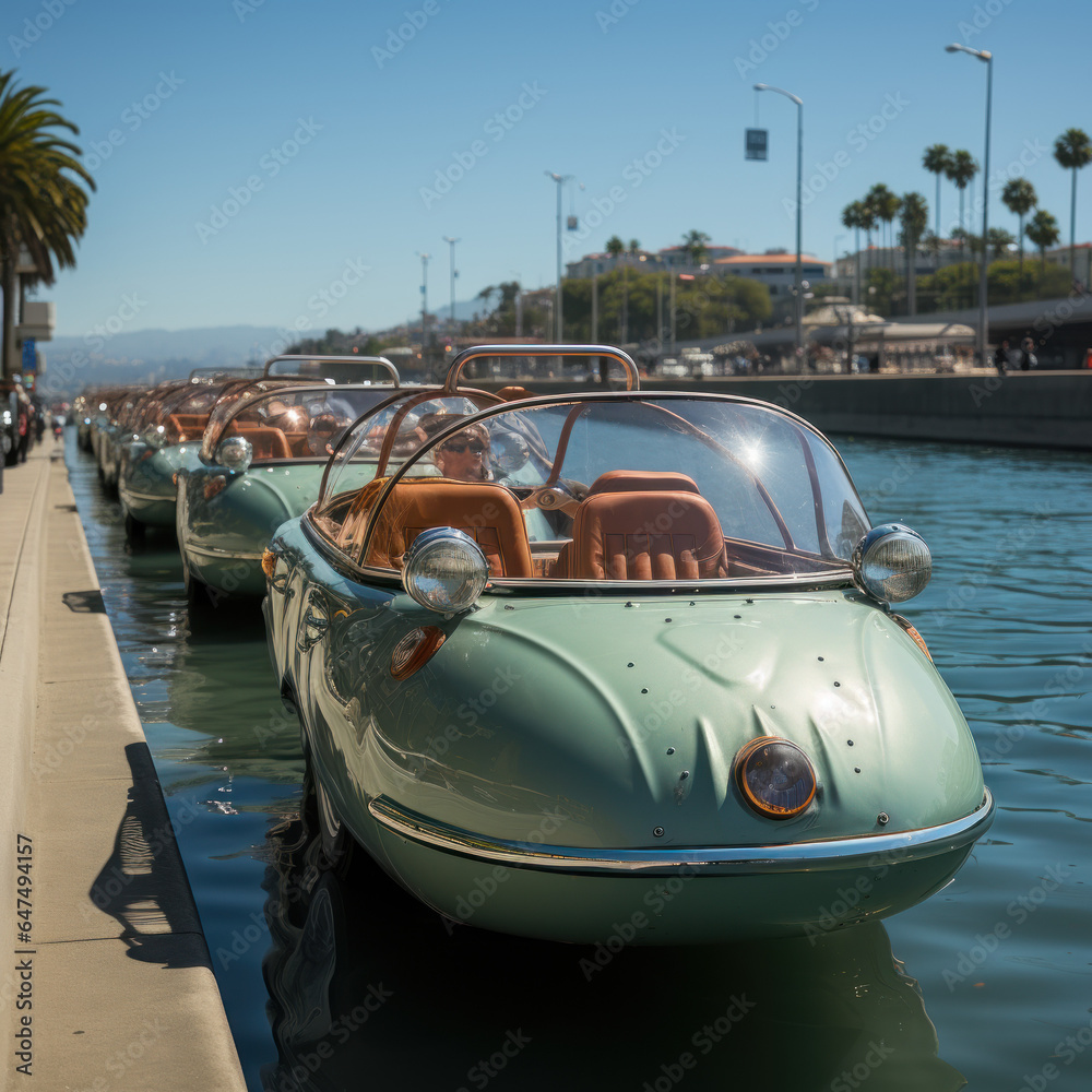 Amphibious cars on the bay with horns
