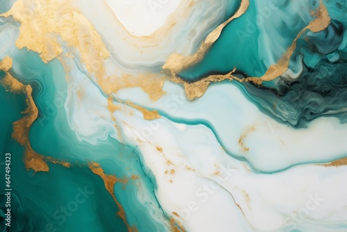 Close-Up Turquoise and Gold Marble Background with Elegant Texture and Copy Space