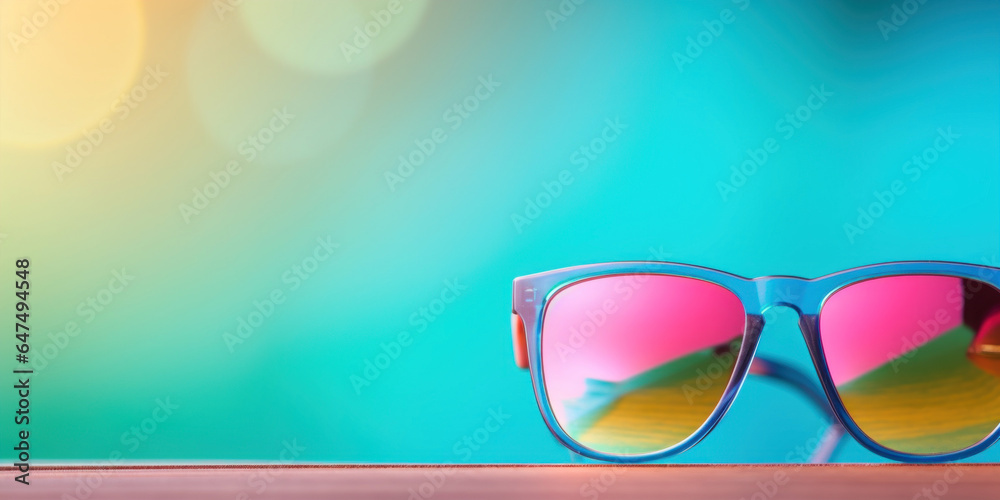 Minimal copy space edge of black sunglass. Colorful bokeh background Minimal copy space edge of black sunglass. Colorful bokeh background
