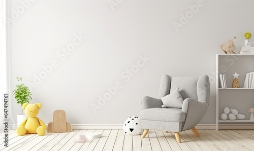 Mockup wall in the children's room with gray armchair on light white color wall, Generative AI 