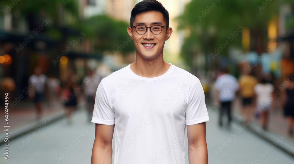 Fototapeta premium Smile Asian man fit in Frame wearing bella canvas white shirt mockup, isolated color background