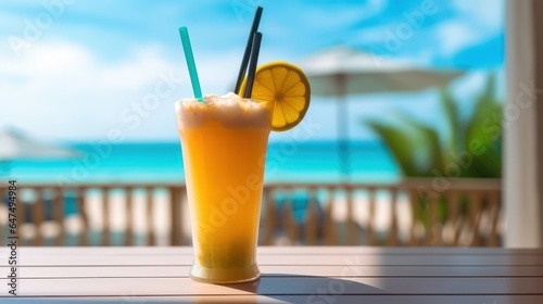 Summer cocktail with lemon drink blur beach background