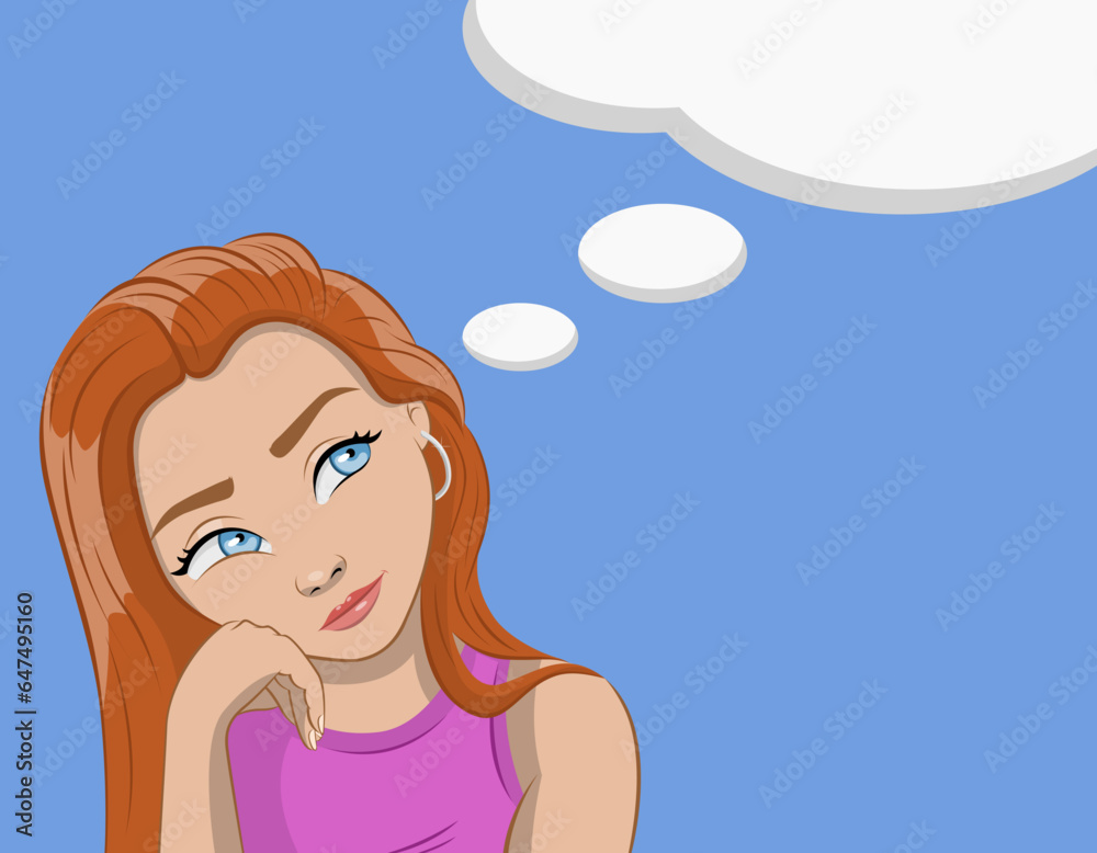 Vector animado de mujer pensando, mujer usando su imaginación, vector de pensamiento, ilustración de una idea, vector femenino, dibujo animado, representación animada Vector animado de mujer pensando, mujer usando su imaginación, vector de pensamiento, ilustración de una idea, vector femenino, dibujo animado, representación animada
