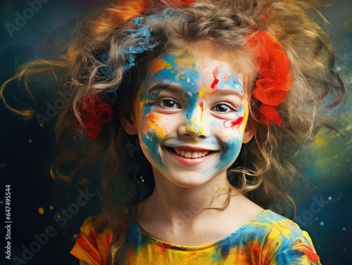 happy child with colorful paint on their face. generative ai.