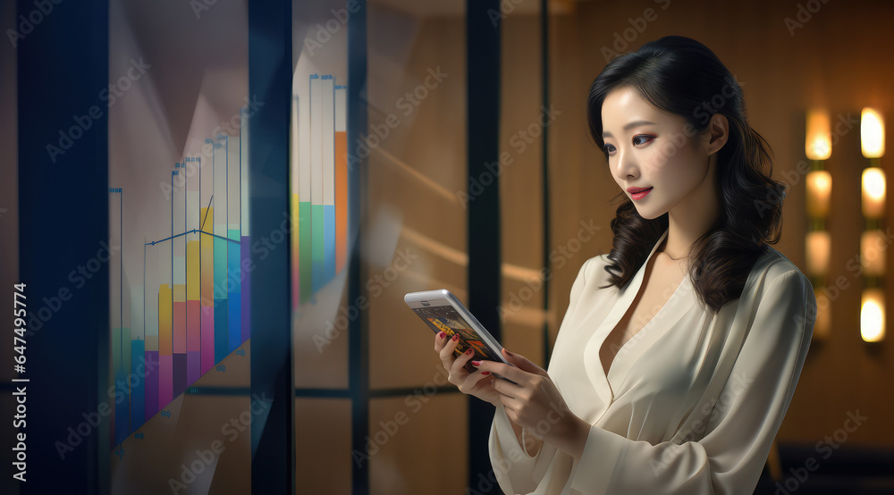 woman businesswoman showing a graph with her phone