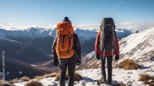 Back view of pair backpackers with backpacks standing on the ridge of hill, enjoying the view of beautiful open overlook on the mountains