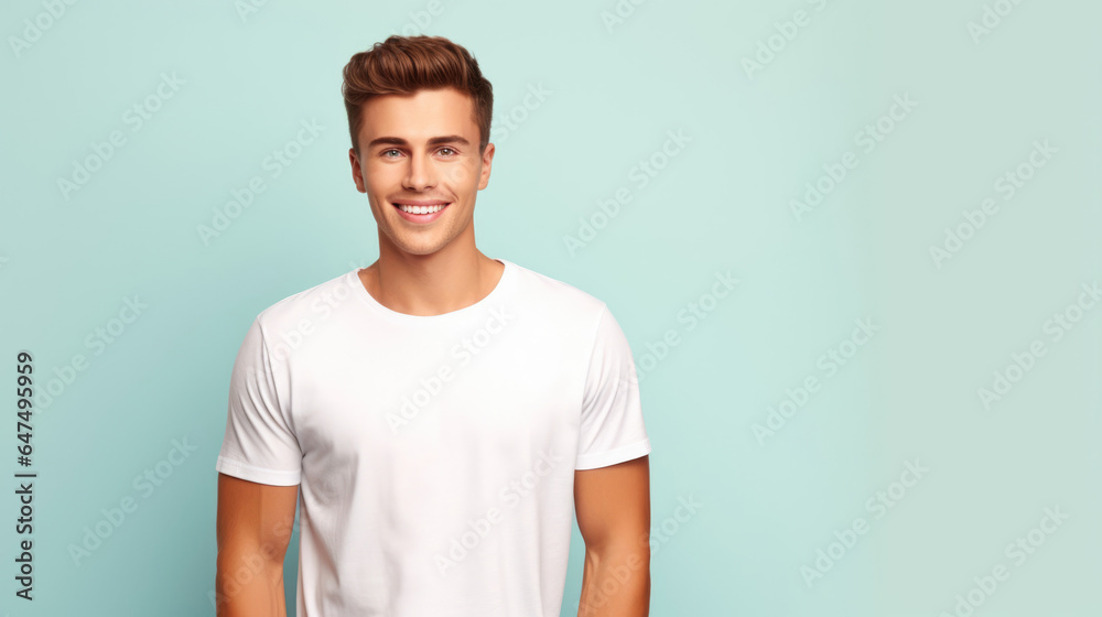 Smile Young Man fit in Frame wearing bella canvas white shirt mockup,  isolated color background