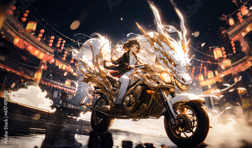 A cartoon girl riding motorcycle with a white dragon