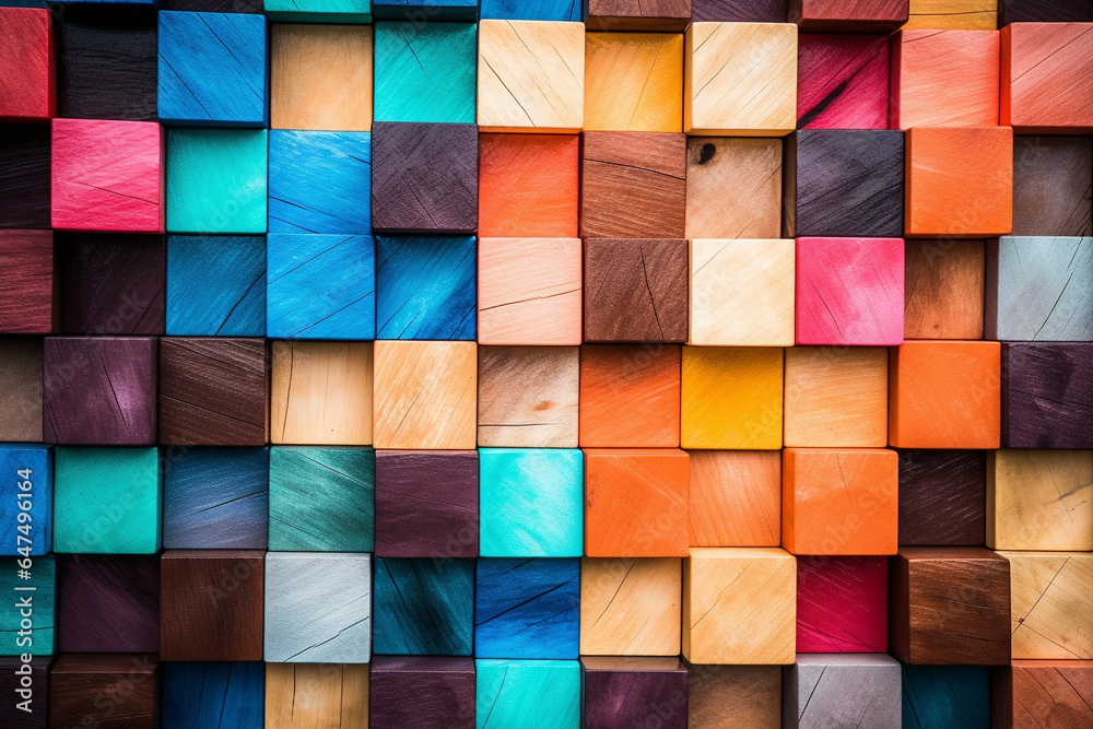 A wall made up of multicolored wooden cubes, Generative AI
