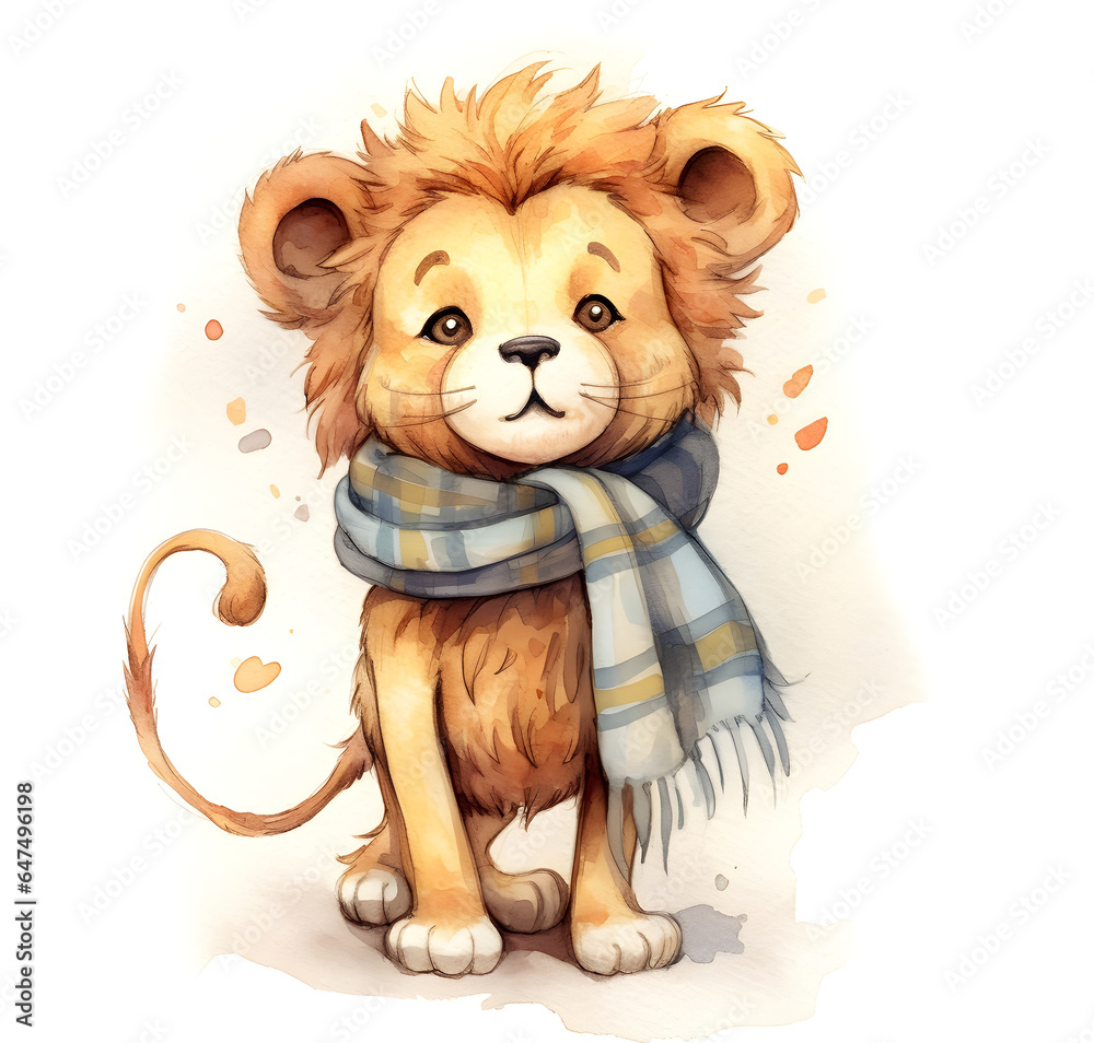 Watercolour illustration of lion in a scarf autumn in a scarf isolated on white background as PNG, generative AI animal clipart Watercolour illustration of lion in a scarf autumn in a scarf isolated on white background as PNG, generative AI animal clipart