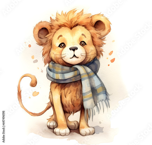 Watercolour illustration of lion in a scarf autumn in a scarf isolated on   white background as  PNG  generative AI animal clipart 