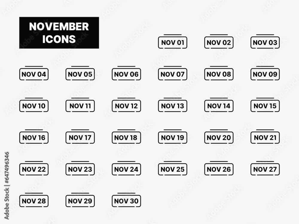 Calendar date November icon.  day of the November month icon. Event schedule date. Meeting appointment time. Agenda plan, November month schedule calendar, and Time planner. simple vector modern. 