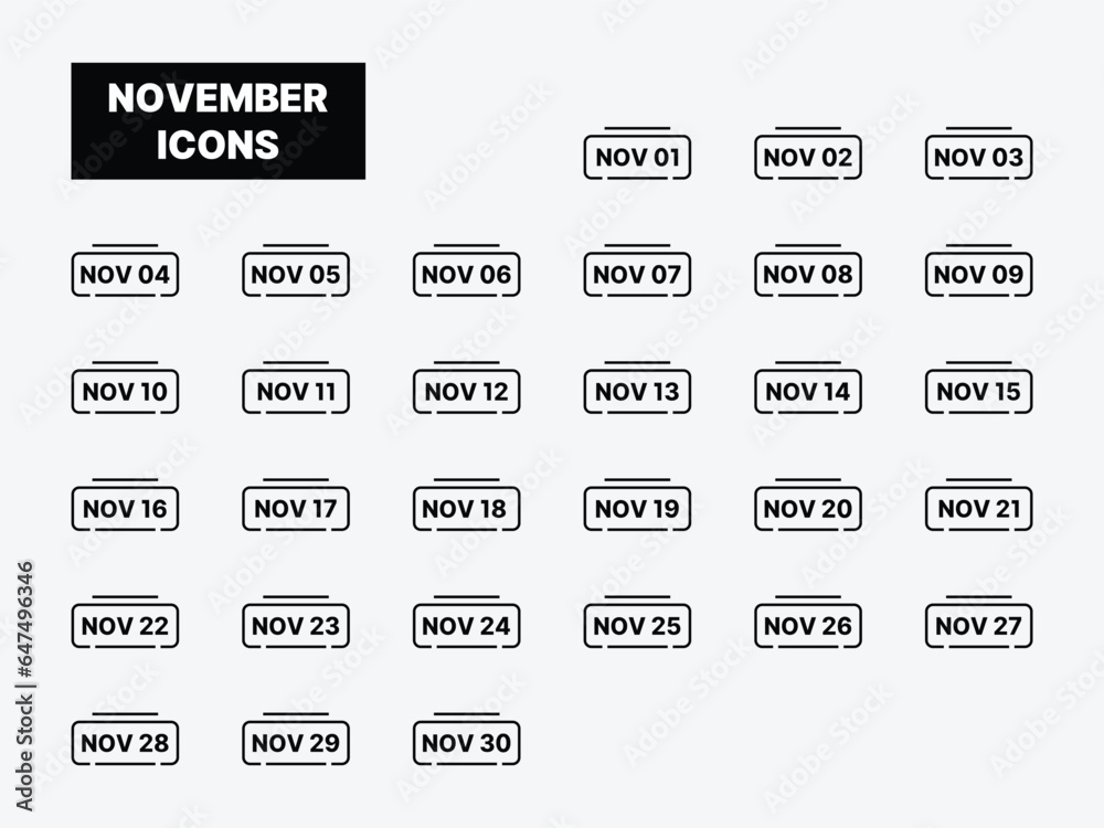 Calendar date November icon. day of the November month icon. Event schedule date. Meeting appointment time. Agenda plan, November month schedule calendar, and Time planner. simple vector modern. Calendar date November icon. day of the November month icon. Event schedule date. Meeting appointment time. Agenda plan, November month schedule calendar, and Time planner. simple vector modern.