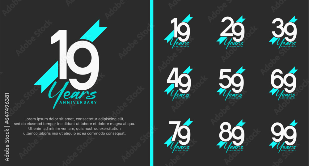 set of anniversary logo white color number and blue ribbon on black background for celebration set of anniversary logo white color number and blue ribbon on black background for celebration