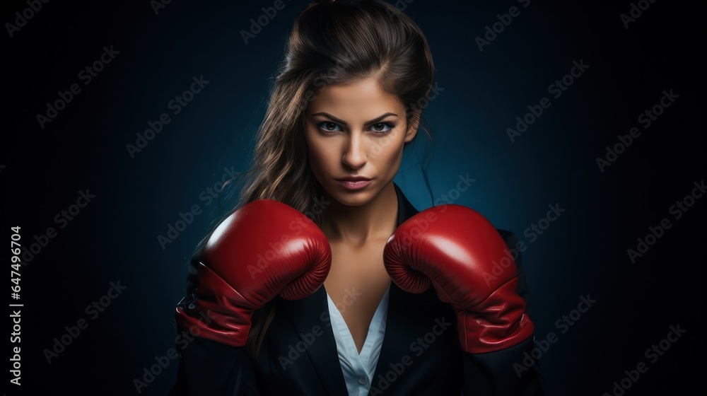 Serious businesswoman posing in red-coloured boxing gloves isolated on dark. Real leader in business suit looking at the camera.