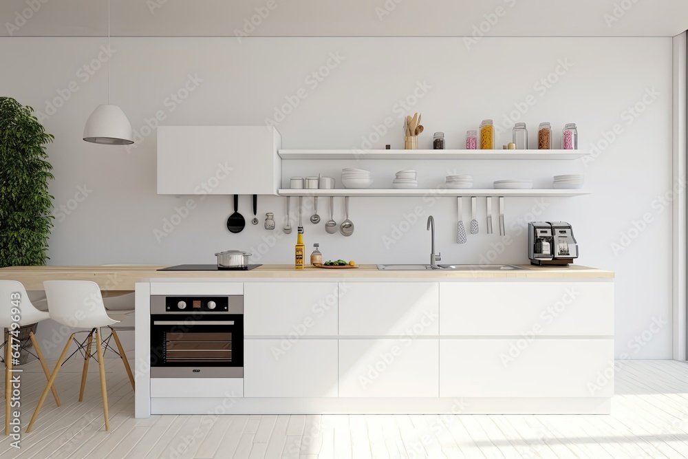 Modern white kitchen interior with furniture, kitchen interior with white wall, Generative AI 