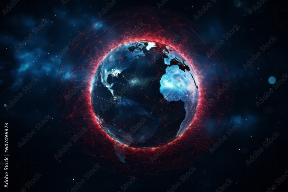 Earth with Red and Blue Outline on Blue Background - Global Unity Concept