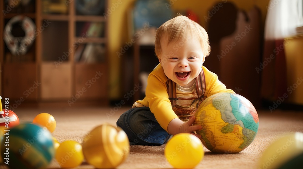 Fototapeta premium happy child with down syndrome lost in play having fun. generative AI