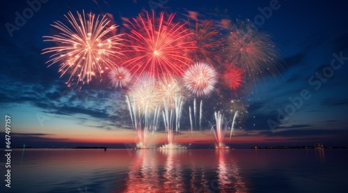 Sparkling Fireworks Reflection on a Serene Waterfront Evening