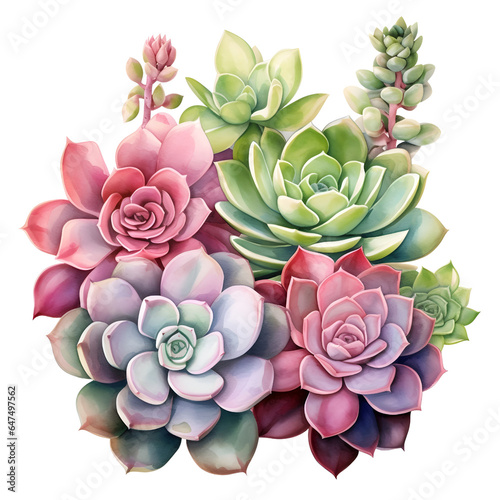 Succulent flower watercolor isolated on white background. Summer green botanical floral decoration elements for wedding anniversary, birthday, invitations ahd postcards. Bright colours