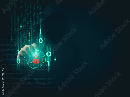 Obraz na plátně Hacker is pointing a pen at a group of zeros on a dark background