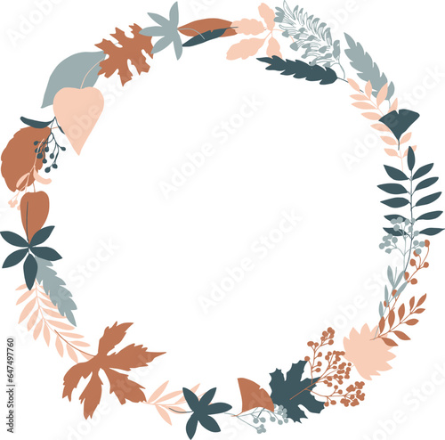 秋の植物ベクターイラスト。秋の紅葉と木の実のリース背景セット。可愛い落ち葉のベクターイラスト。Autumn plants vector illustration. Autumn leaves and nuts wreath background set. Cute falling leaves vector illustration.