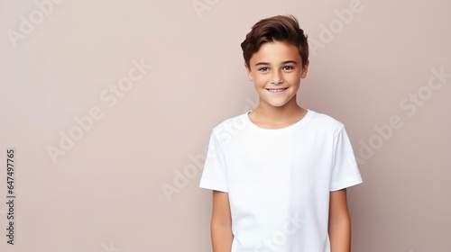 Smile boy fit in Frame wearing bella canvas white shirt mockup, isolated color background