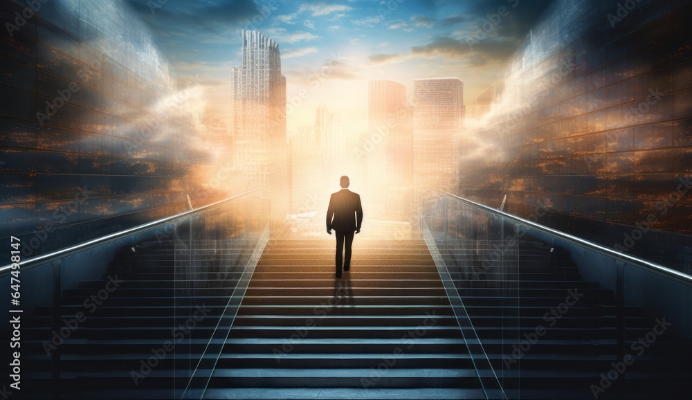 Businessman Climbing Stairs Towards City Skyline - Success and Achievement Concept Businessman Climbing Stairs Towards City Skyline - Success and Achievement Concept