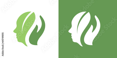 facial beauty logo design, facial elements combined with hands and leaves