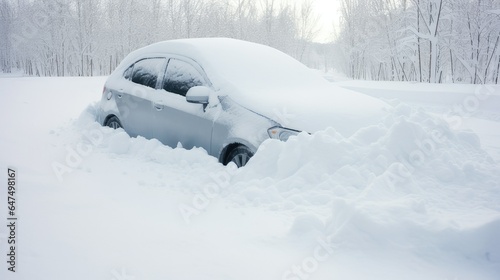 car covered with heavy fresh snow after storm or blizzard in winter. car trapped in snow.  generative AI © jackson