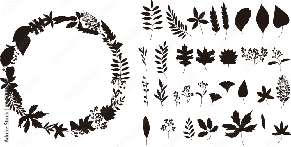 Fototapeta premium 秋の植物ベクターイラスト。秋の紅葉と木の実の背景セット。可愛い落ち葉のベクターイラスト。Autumn plants vector illustration. Autumn leaves and nuts background set. Cute falling leaves vector illustration.
