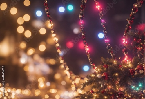 Elegant Christmas garland illuminated in festive bokeh lights background