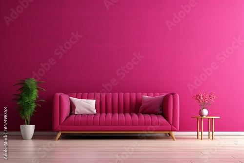 Viva magenta wall background mockup with sofa furniture and decor of the year 2023, Generative AI 