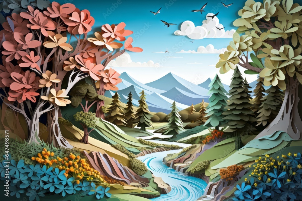 Paper Art Landscape with Trees, Plants, and Water