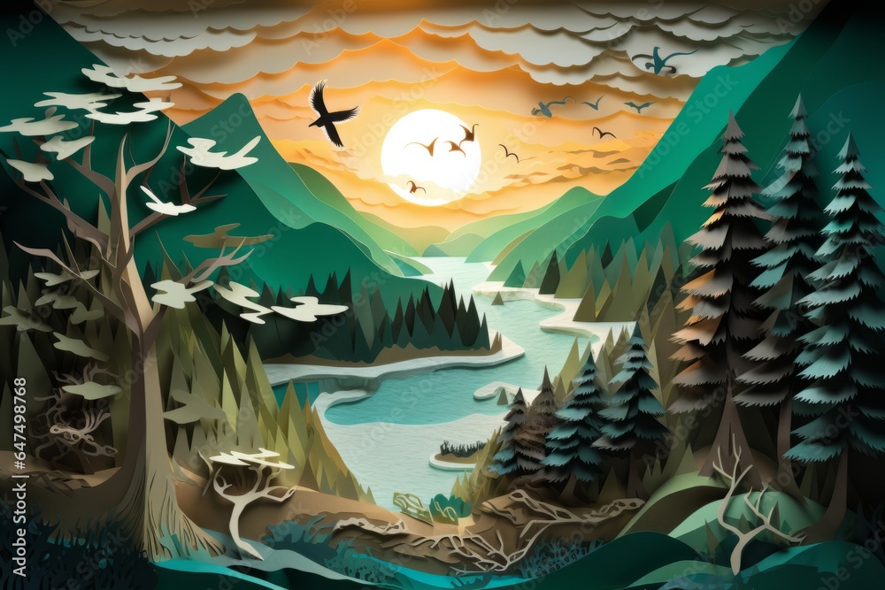 Paper Art Landscape with Trees, Birds, Sun, and Village