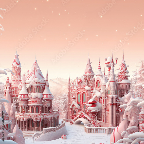 A beautiful 3D fantasy city with snow-covered houses, trees, and streets, boasting a pastel-shaded mood and tone during the winter season. Generative AI.