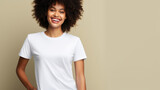 Smile African woman fit in Frame wearing bella canvas white shirt mockup,  isolated color background