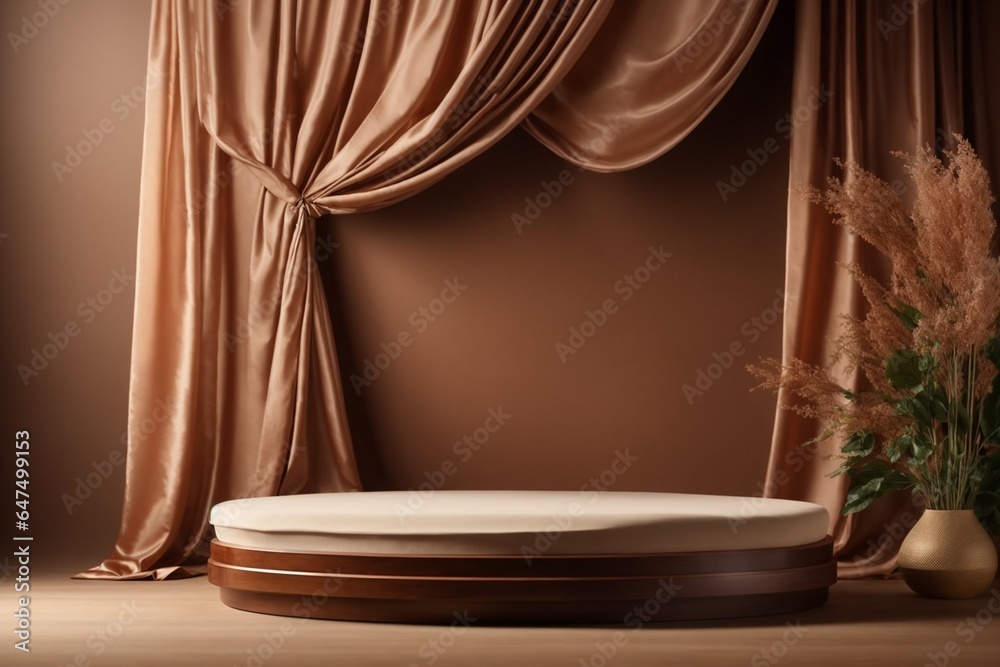 3d rendering of beige podium with brown curtains and plants.