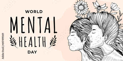 world mental health day horizontal banner in hand drawn