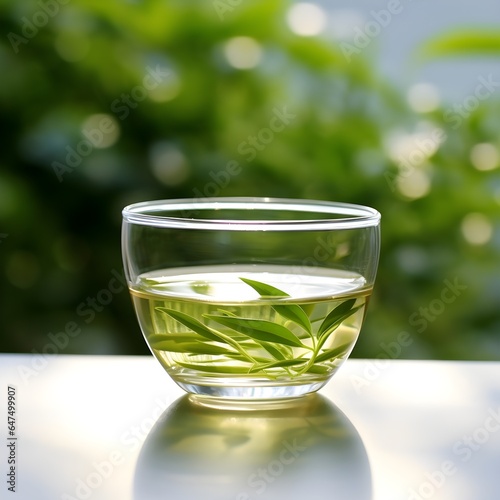 Clear glass cup filled with steaming green tea  exuding a calming aroma and promising moments of tranquility and clarity. 