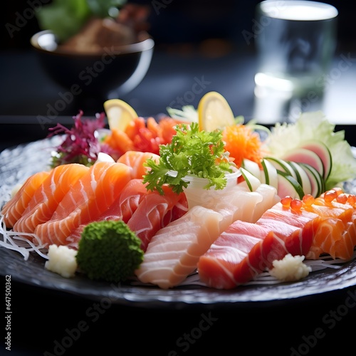 An exquisite plate of sashimi, showcasing the artful presentation of fresh and delicate slices of seafood, promising an elegant gourmet dining experience.